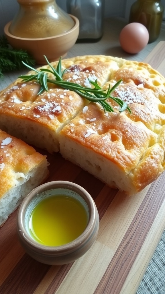 No-Yeast Italian Focaccia Bread Recipe Golden focaccia bread topped with rosemary and sea salt, served on a wooden board with olive oil.
